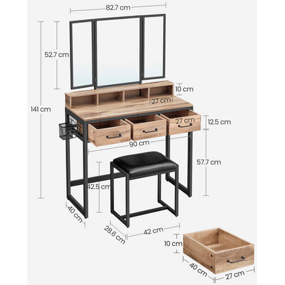 Artikelbild 2 für VASAGLE Schminktisch rechteckig Spanplatte eiche, schwarz 90,0 x 40,0 x 141,0 cm, 1 St., Artikelnummer 759468