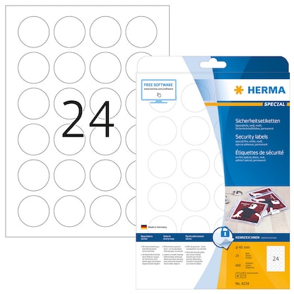 Artikelbild für HERMA Sicherheitsetiketten 4234 weiß 40,0 x 40,0 mm, 25 Blatt, Artikelnummer 306324