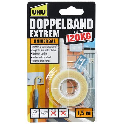 Artikelbild 2 für UHU EXTREM UNIVERSAL 120KG doppelseitiges Klebeband 19,0 mm x 1,5 m, 1 Rolle, Artikelnummer 212668