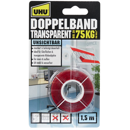 Artikelbild 2 für UHU TRANSPARENT 75KG doppelseitiges Klebeband 19,0 mm x 1,5 m, 1 Rolle, Artikelnummer 212675