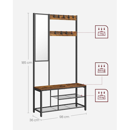 Artikelbild 2 für VASAGLE Garderobenbank mit Haken und Schuhrost HSR050B01V1 braun, schwarz Metall 98,0 cm, Artikelnummer 438293
