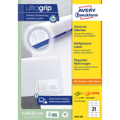 Artikelbild 2 für AVERY Zweckform Etiketten 3652-200 weiß 70,0 x 42,3 mm, 220 Blatt, Artikelnummer 341891