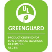 Grünes Logo mit weißer Schrift: GREENGUARD zertifiziert als Produkt mit geringen chemischen Emissionen UL.COM/GG UL 2818