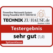 Technik zu Hause.de zeichnet das Powerline Netzwerk-System Strong Powerline Wi-Fi 1000 Kit V2 mit „sehr gut (1,0)“ im Einzeltest 11/2023 aus.