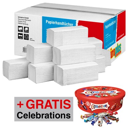 Artikelbild für AKTION: büroplus Papierhandtücher Zick-Zack-Falzung 2-lagig 2x 3.200 Tücher + GRATIS Celebrations Schokoriegel 600 g, Artikelnummer 404317