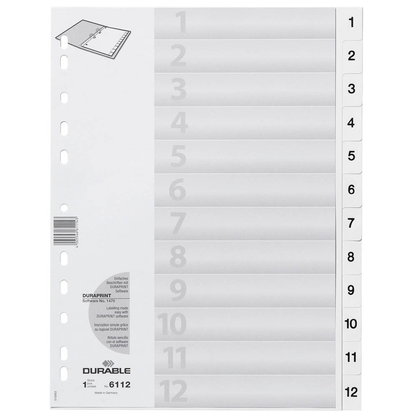 Artikelbild für DURABLE Ordnerregister DIN A4 Vollformat 1-12 weiß 12-teilig, 1 Satz, Artikelnummer 433359