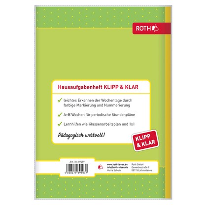 Artikelbild 3 für ROTH Hausaufgabenheft Hurra Schule Klipp & Klar liniert DIN A5 ohne Rand, 96 Blatt, 1 St., Artikelnummer 580524