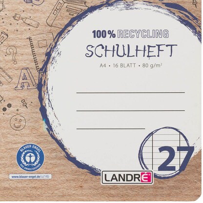 Artikelbild 5 für LANDRÉ® Schulheft Recycling Lineatur 27 liniert DIN A4 Innen- und Außenrand, 16 Blatt, 1 St., Artikelnummer 298319