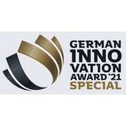 German Innovation Award 21 Special: Das Logo zeigt ein abstrahiertes Emblem in Gold und Schwarz neben dem Text, der auf eine besondere Ehrung im Jahr 2021 hinweist.