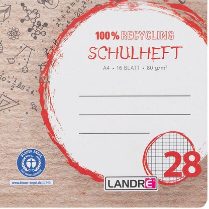Artikelbild 4 für LANDRÉ® Schulheft Recycling Lineatur 28 kariert DIN A4 Innen- und Außenrand, 16 Blatt, 1 St., Artikelnummer 298329