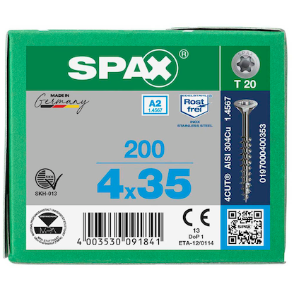 Artikelbild 8 für SPAX® Universalschrauben T20 Senkkopf Edelstahl A2 0197000400353 4 mm x 35 mm, 200 St., Artikelnummer 394926