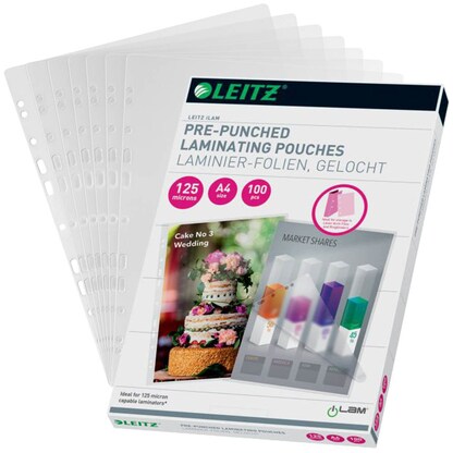 Artikelbild für LEITZ Laminierfolien glänzend für A4 125 micron Universal-Lochung, 100 St., Artikelnummer 394662