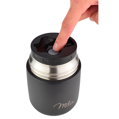 Artikelbild 2 für Milu Isolier-Speisebehälter schwarz 1 Thermobehälter mit Tasche, klappbarer Löffel, 5 farbige Trageschlaufen aus Gummi, 1 St., Artikelnummer 859791