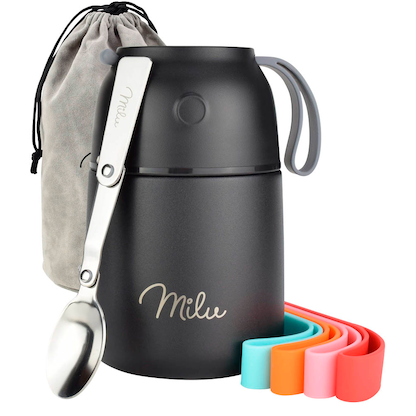 Artikelbild für Milu Isolier-Speisebehälter schwarz 1 Thermobehälter mit Tasche, klappbarer Löffel, 5 farbige Trageschlaufen aus Gummi, 1 St., Artikelnummer 859791