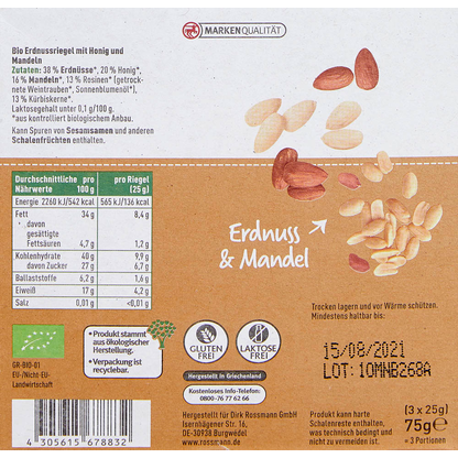Artikelbild 3 für enerBiO Bio Erdnuss & Mandel Nussriegel 3 Riegel, Artikelnummer 328514