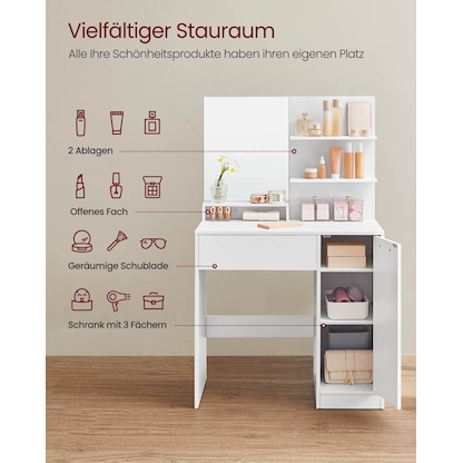 Artikelbild 9 für VASAGLE Schminktisch rechteckig Melamin, Spanplatte weiß 80,0 x 40,0 x 132,0 cm, 1 St., Artikelnummer 438537