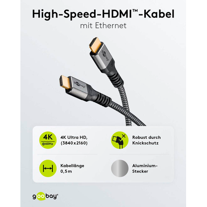 Artikelbild 2 für goobay HDMI 2.0 Kabel 0,5 m grau, schwarz, 1 St., Artikelnummer 345197