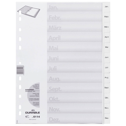 Artikelbild für DURABLE Ordnerregister DIN A4 Vollformat Jan.-Dez. weiß 12-teilig, 1 Satz, Artikelnummer 433367