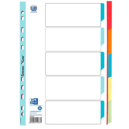 Artikelbild für OXFORD Ordnerregister DIN A4 Vollformat blanko rot, orange, blau, gelb, grün 5-teilig, 1 Satz, Artikelnummer 432898