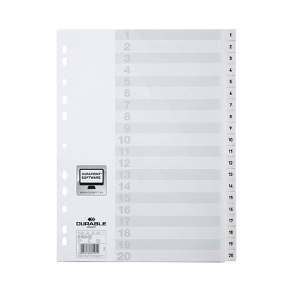 Artikelbild für DURABLE Ordnerregister DIN A4 Vollformat 1-20 weiß 20-teilig, 1 Satz, Artikelnummer 294504