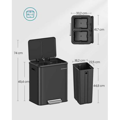 Artikelbild 3 für SONGMICS Mülleimer 2x 15,0 l schwarz, 1 St., Artikelnummer 760548