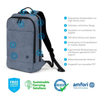 Artikelbild 10 für DICOTA Laptop-Rucksack Slim Eco MOTION Kunstfaser denim blau bis 35,8 cm (14,1 Zoll), Artikelnummer 281729