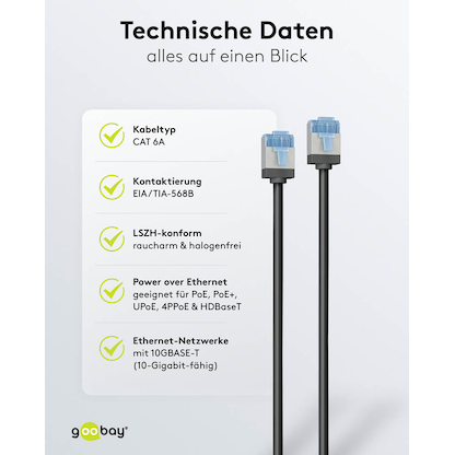 Artikelbild 6 für goobay RJ-45 Netzwerkkabel 15,0 m schwarz bis zu 10,00 Gbit/Sek. bis zu 500 MHz, 1 St., Artikelnummer 557726