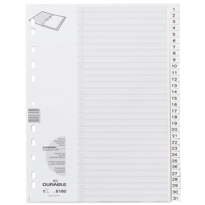 Artikelbild für DURABLE Ordnerregister DIN A4 Vollformat 1-31 weiß 31-teilig, 1 Satz, Artikelnummer 433375