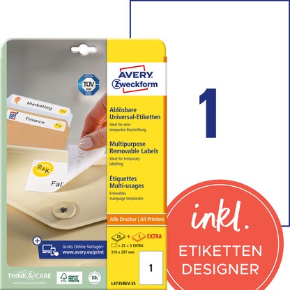 Artikelbild für AVERY Zweckform Etiketten L4735REV-25 weiß 210,0 x 297,0 mm, 30 Blatt, Artikelnummer 345702