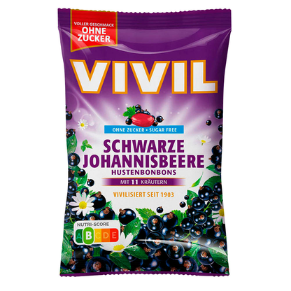 Artikelbild für VIVIL® Schwarze Johannisbeere ohne Zucker Bonbons 33 St./ 120,0 g, Artikelnummer 149611