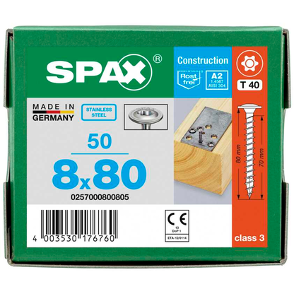 Artikelbild 7 für SPAX® Holzbauschrauben T40 Tellerkopf Edelstahl A2 0257000800805 8 mm x 80 mm, 50 St., Artikelnummer 745046