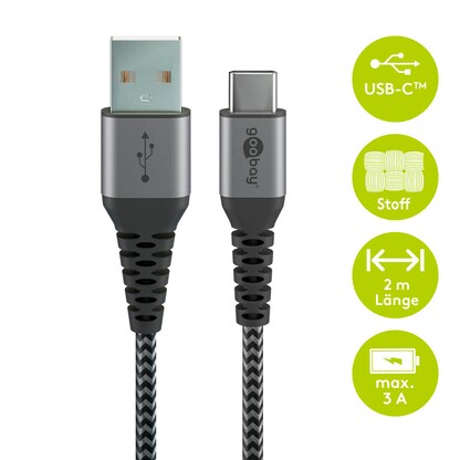 Artikelbild 2 für goobay USB 2.0 A/USB C Kabel 2,0 m schwarz, grau, 1 St., Artikelnummer 651731
