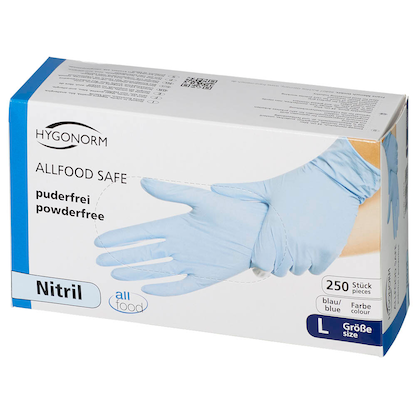 Artikelbild 2 für HYGONORM unisex Einmalhandschuhe ALLFOOD SAFE blau Größe L, 250 St., Artikelnummer 588236