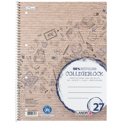 Artikelbild 2 für LANDRÉ® Collegeblock Recycling Lineatur 27 liniert DIN A4 Innen- und Außenrand, 1 St., Artikelnummer 703031
