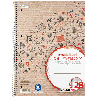 Artikelbild 2 für LANDRÉ® Collegeblock Recycling Lineatur 28 kariert DIN A4 Innen- und Außenrand, 1 St., Artikelnummer 703072