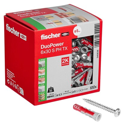 Artikelbild für fischer DuoPower 6x30 S PH TX 545838 Dübel mit Schrauben Ø 6 mm x 30 mm, 100 St., Artikelnummer 480156