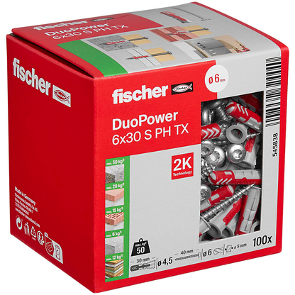 Artikelbild 3 für fischer DuoPower 6x30 S PH TX 545838 Dübel mit Schrauben Ø 6 mm x 30 mm, 100 St., Artikelnummer 480156