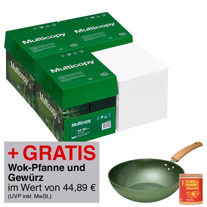 Artikelbild für AKTION: Multicopy Kopierpapier ORIGINAL DIN A4 80 g/qm 4x 2.500 Blatt + GRATIS JUST VEGAN Wok-Pfanne + Henssler Wok-Gewürz, Artikelnummer 799187