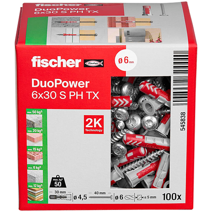 Artikelbild 10 für fischer DuoPower 6x30 S PH TX 545838 Dübel mit Schrauben Ø 6 mm x 30 mm, 100 St., Artikelnummer 480156