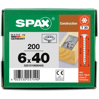 Artikelbild 6 für SPAX® Holzbauschrauben T30 Tellerkopf WIROX 0251010600405 6 mm x 40 mm, 200 St., Artikelnummer 398408