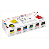 Artikelbild 1 für KREUL Classic Porzellanfarben farbsortiert 6 Gläser à 20 ml in Kanariengelb, Karminrot, Royalblau, Grün, Cognac, Schwarz, 1 Pinsel, Artikelnummer 115539