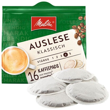 Artikelbild für Melitta Café Auslese Kaffeepads, Arabica- und Robustabohnen kräftig, 16 Stück, Artikelnummer 523670