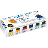 Artikelbild 1 für KREUL Clear Porzellanfarben farbsortiert 6 Gläser à 20 ml in Sonnengelb, Orange, Kirschrot, Dunkelblau, Dunkelgrün, Espressobraun, 1 Pinsel, Artikelnummer 115149