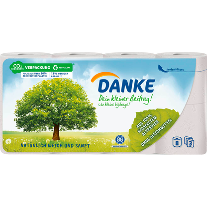 Artikelbild 2 für DANKE Toilettenpapier 3-lagig Recyclingpapier, 8 Rollen, Artikelnummer 179277