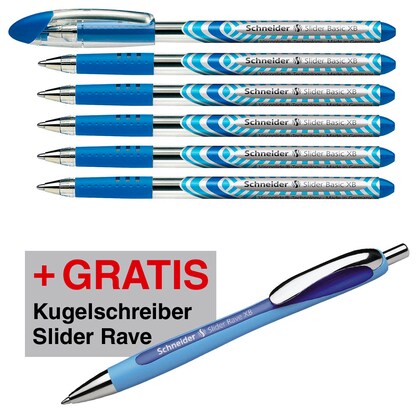 Artikelbild für AKTION: Schneider Kugelschreiber Slider Basic blau/transparent, Schreibfarbe: blau, 6 St. + GRATIS Slider Kugelschreiber Rave XB, blau, Artikelnummer 385112