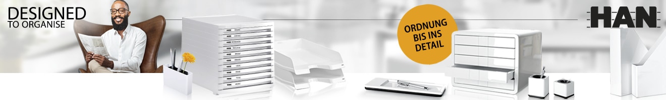 Schreibtisch-Organizer von HAN mit mehreren weißen Ablagen, Stifthalter, Dokumentenhalter und Schubladeneinheiten für Ordnung bis ins Detail