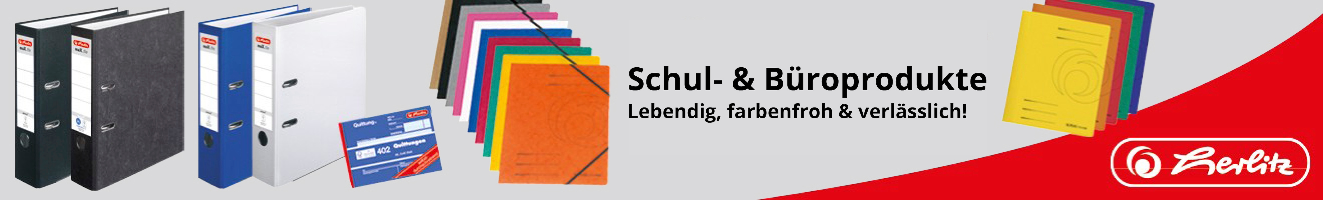 Herlitz Markenshop - Verschiedene Herlitz Büroordner und farbige Registerblätter mit dem Text 'Bürobedarf von Herlitz' und Herlitz Logo