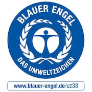 Umweltzeichen Blauer Engel, in Blau mit Mensch in Lorbeerkranz. Auszeichnung für nachhaltige, umweltschonende Produkte, hier für den Bereich uz38.
