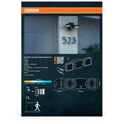 Artikelbild 4 für OSRAM LED-Außenleuchte mit Dämmerungssensor und Bewegungsmelder Battery LED Spotlight Double, schwarz 10 W, 1 St., Artikelnummer 710198