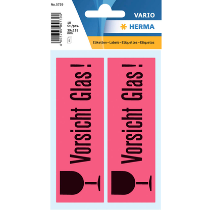 Artikelbild für HERMA Warnetiketten 5739 rot »Vorsicht Glas!« 39,0 x 118,0 mm, 10 Etiketten , Artikelnummer 219419